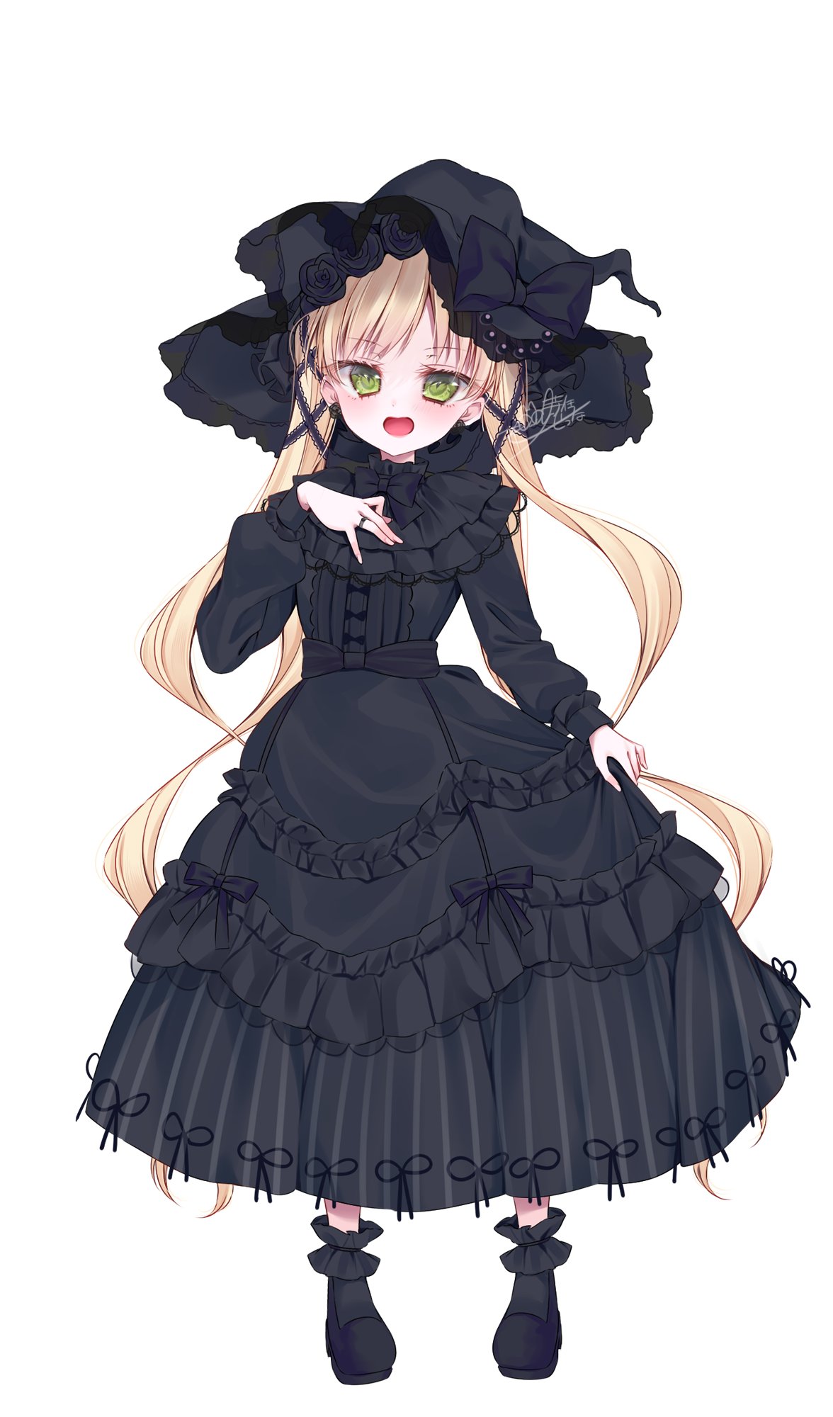 1girl, :d, alternate_costume, black_dress, black_hat, black_shoes, black_socks, blonde_hair