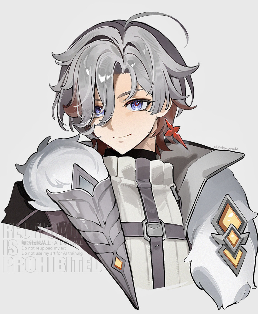 1boy, blue_eyes, brown_hair, closed_mouth, coat, commentary_request, cropped_torso, earrings