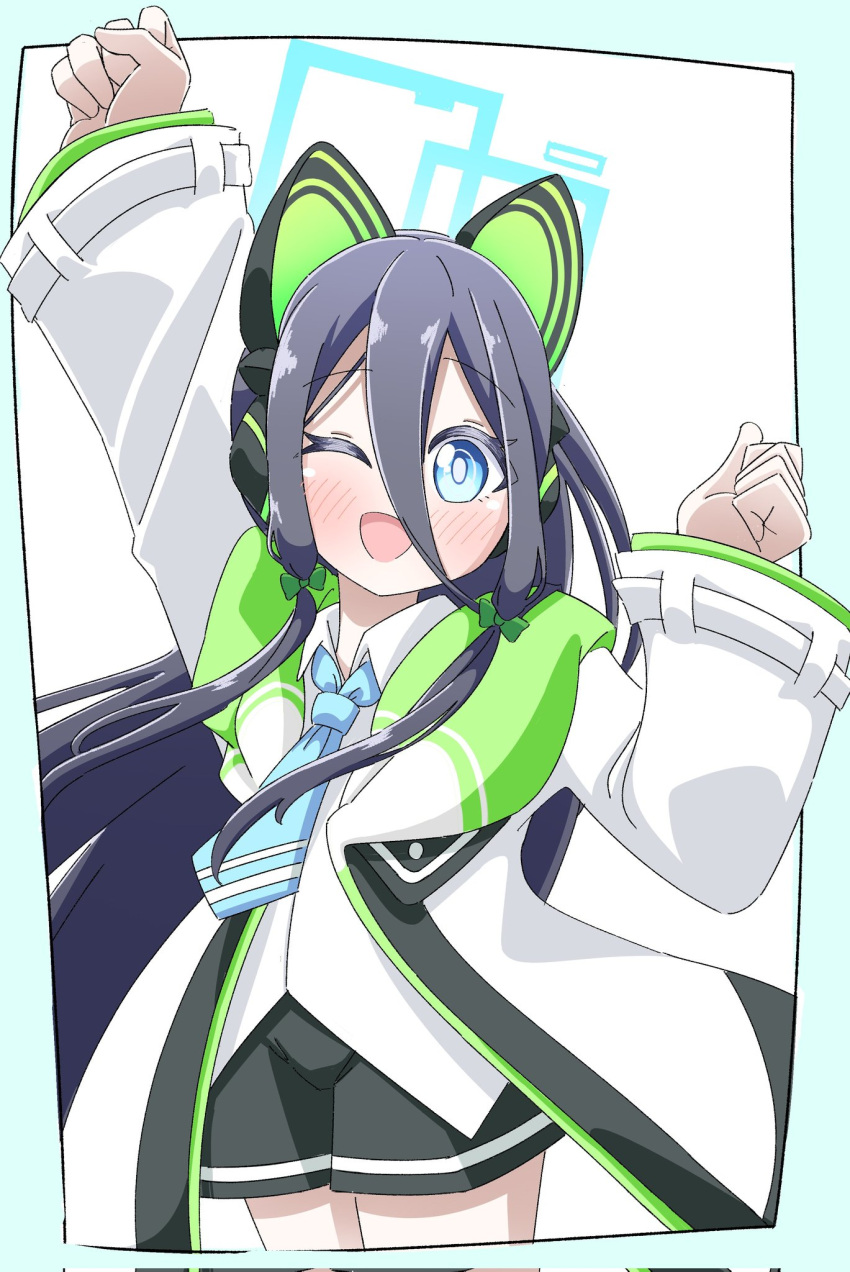 1girl, ;d, animal_ear_headphones, animal_ears, aqua_border, aqua_eyes, aqua_halo, aris_(blue_archive)