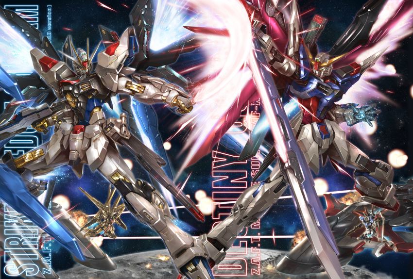 akatsuki_gundam, archangel_(gundam), beam_rifle, commentary, destiny_gundam, energy_gun, energy_wings, english_commentary, force_impulse_gundam, glowing, glowing_eyes, green_eyes, gun, gundam, gundam_seed, gundam_seed_destiny, holding, holding_gun, holding_sword, holding_weapon, mecha, mecha_focus, mechanical_wings, minerva_(gundam), mobile_suit, niua_chun, no_humans, robot, science_fiction, space, strike_freedom_gundam, sword, v-fin, weapon, wings, wings_of_light, yellow_eyes