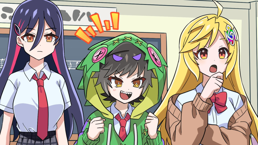 3girls, ahoge, animal_hood, anime_coloring, anno_syura, artist_request, black_hair, black_skirt