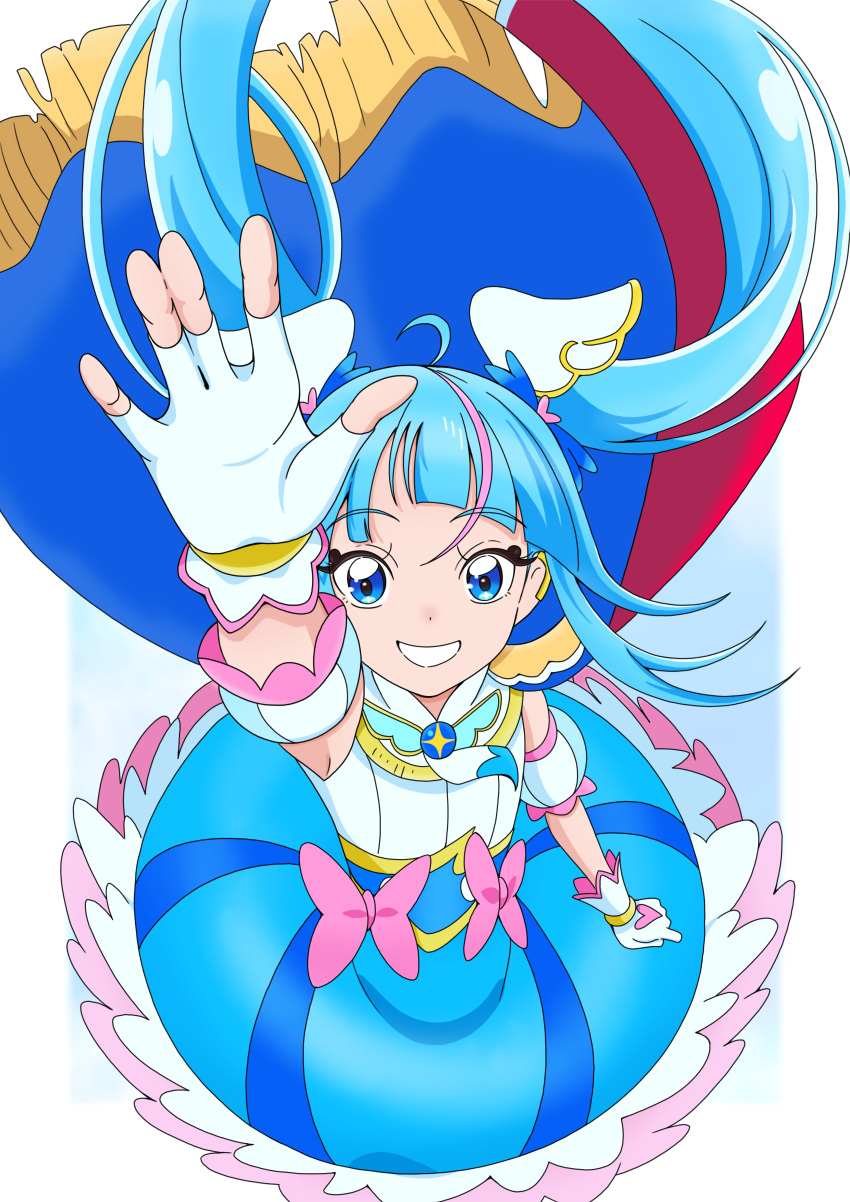 1girl, :d, absurdres, ahoge, arm_up, asymmetrical_bangs, blue_background, blue_cape