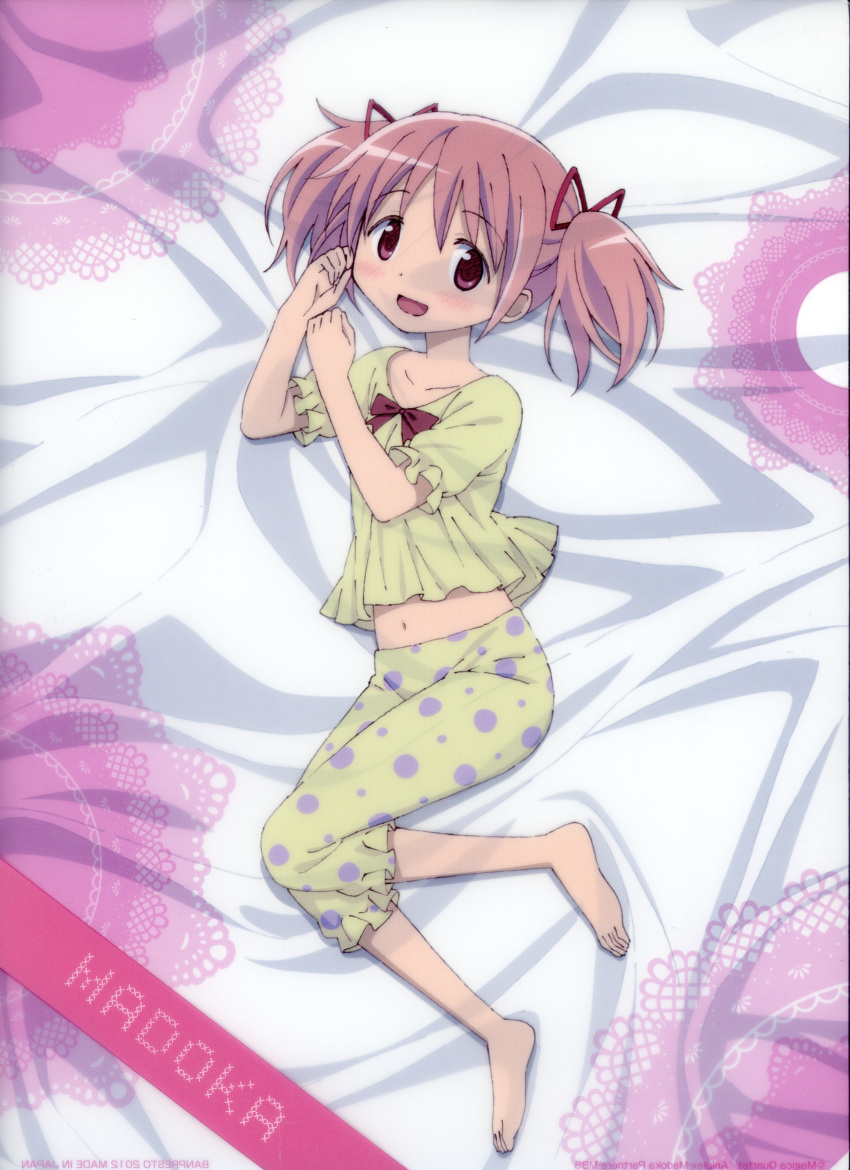 1girl, absurdres, arms_up, bed_sheet, character_name, full_body, hair_ribbon, highres