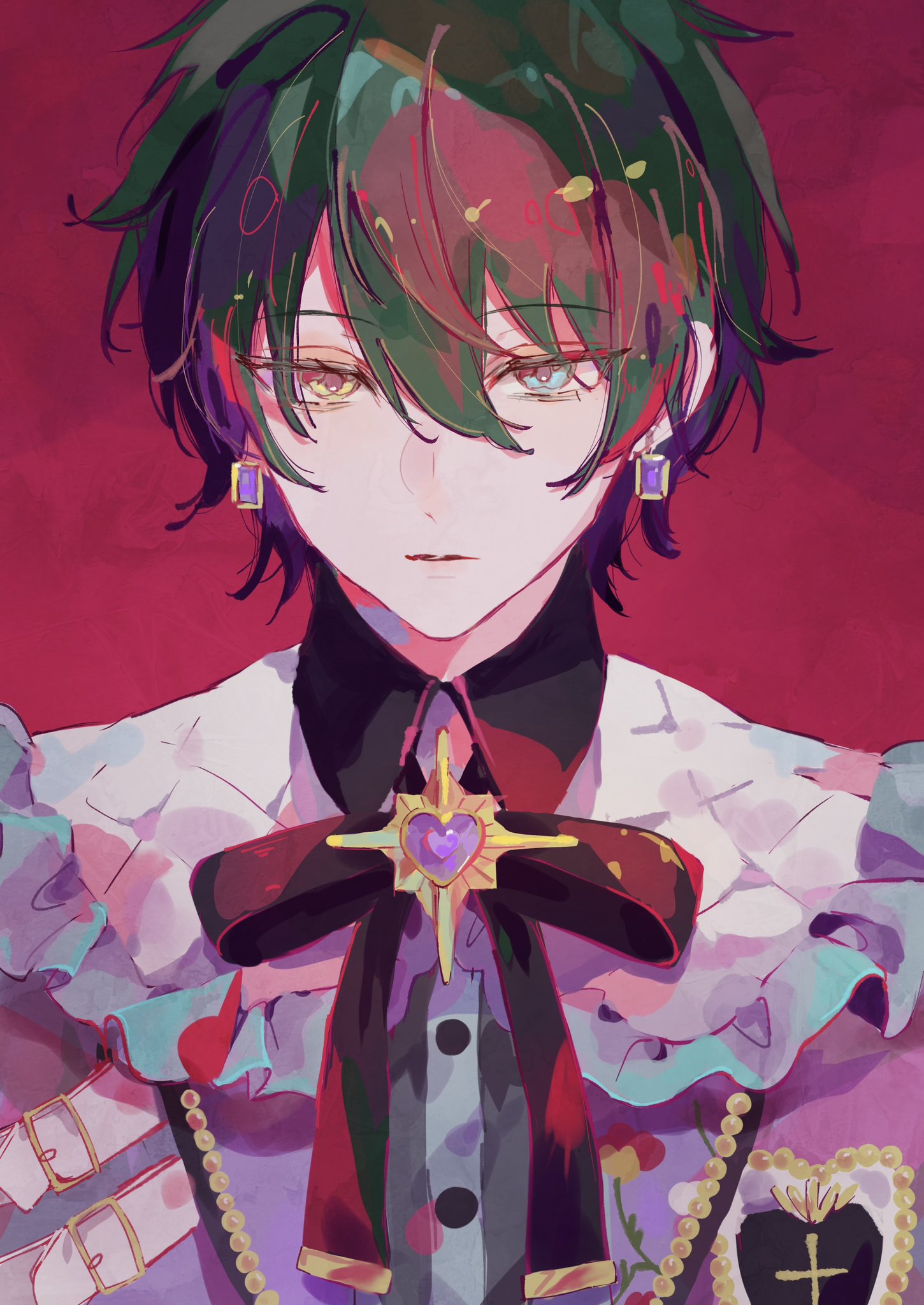 1boy, belt_buckle, blue_eyes, buckle, collared_shirt, commentary_request, cross_x_mark_(ensemble_stars!), earrings