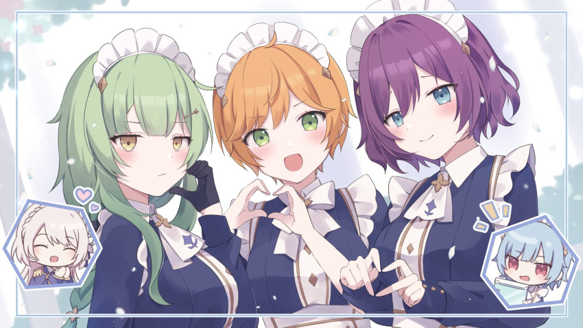 5girls, aqua_hair, blonde_hair, blue_eyes, braid, chibi, closed_mouth, commentary, crown_braid, dorothea_kirkland, four-finger_heart_hands, green_eyes, green_hair, harriet_mills, heart, heart_hands, highres, kate_fournier, long_hair, looking_at_viewer, loveyuzu, lucie_moorcroft, maid, maid_headdress, miriam_hayward, multiple_girls, muv-luv, muv-luv_girls_garden, open_mouth, orange_hair, purple_hair, red_eyes, short_hair, symbol-only_commentary, yellow_eyes
