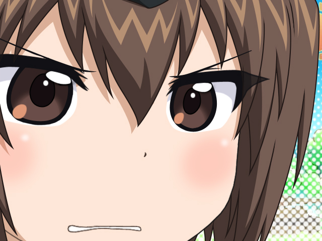 1girl, blush, brown_eyes, brown_hair, clenched_teeth, commentary_request, frown, garrison_cap