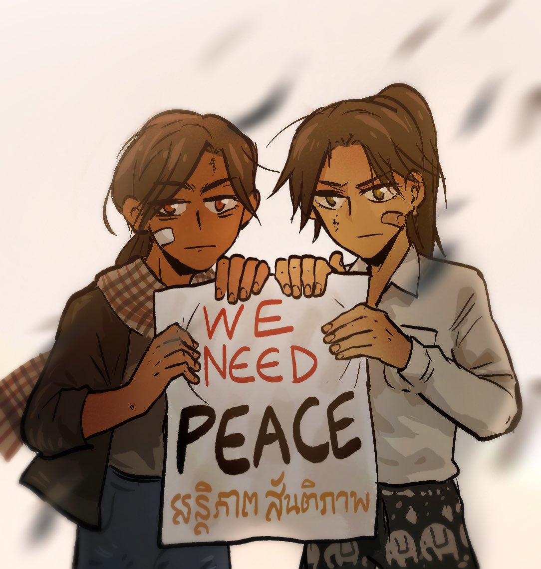 2girls, anti-war, bandaid, bandaid_on_face, black_skirt, brown_eyes, brown_hair, brown_jacket, english_text, grey_shirt, high_ponytail, holding, holding_paper, jacket, khmer_text, looking_at_viewer, low_ponytail, multiple_girls, original, otteroffice_art, paper, ponytail, scarf, shirt, skirt, thai_text, white_background, white_shirt, yellow_eyes