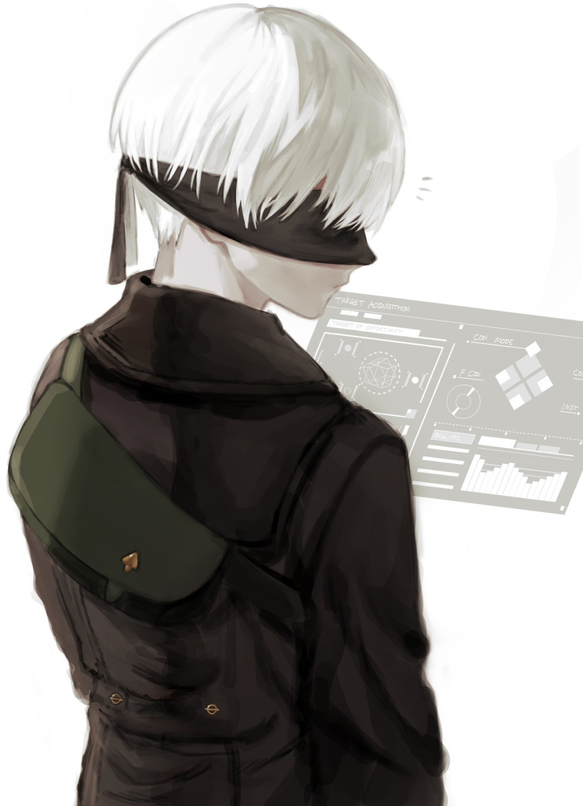 1boy, 9s_(nier:automata), bag, black_coat, blindfold, closed_mouth, coat, covered_eyes, cowboy_shot, highres, long_sleeves, male_focus, nier:automata, nier_(series), notice_lines, short_hair, solo, uo_ii9s, white_background, white_hair