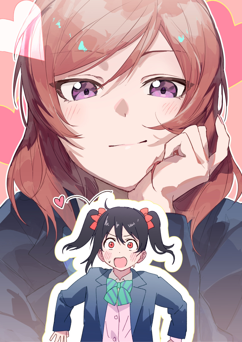 2girls, absurdres, black_hair, blazer, blue_jacket, blush, bow, bowtie, cardigan, commentary_request, doujinshi_cover_trope_(trend), flustered, green_bow, green_bowtie, hand_on_own_face, highres, inazuma_(elect_line), jacket, love_live!, love_live!_school_idol_project, multiple_girls, nishikino_maki, open_mouth, otonokizaka_school_uniform, outline, pink_cardigan, projected_inset, red_eyes, red_hair, school_uniform, twintails, upper_body, v-shaped_eyebrows, violet_eyes, white_outline, wide-eyed, yazawa_nico, yuri