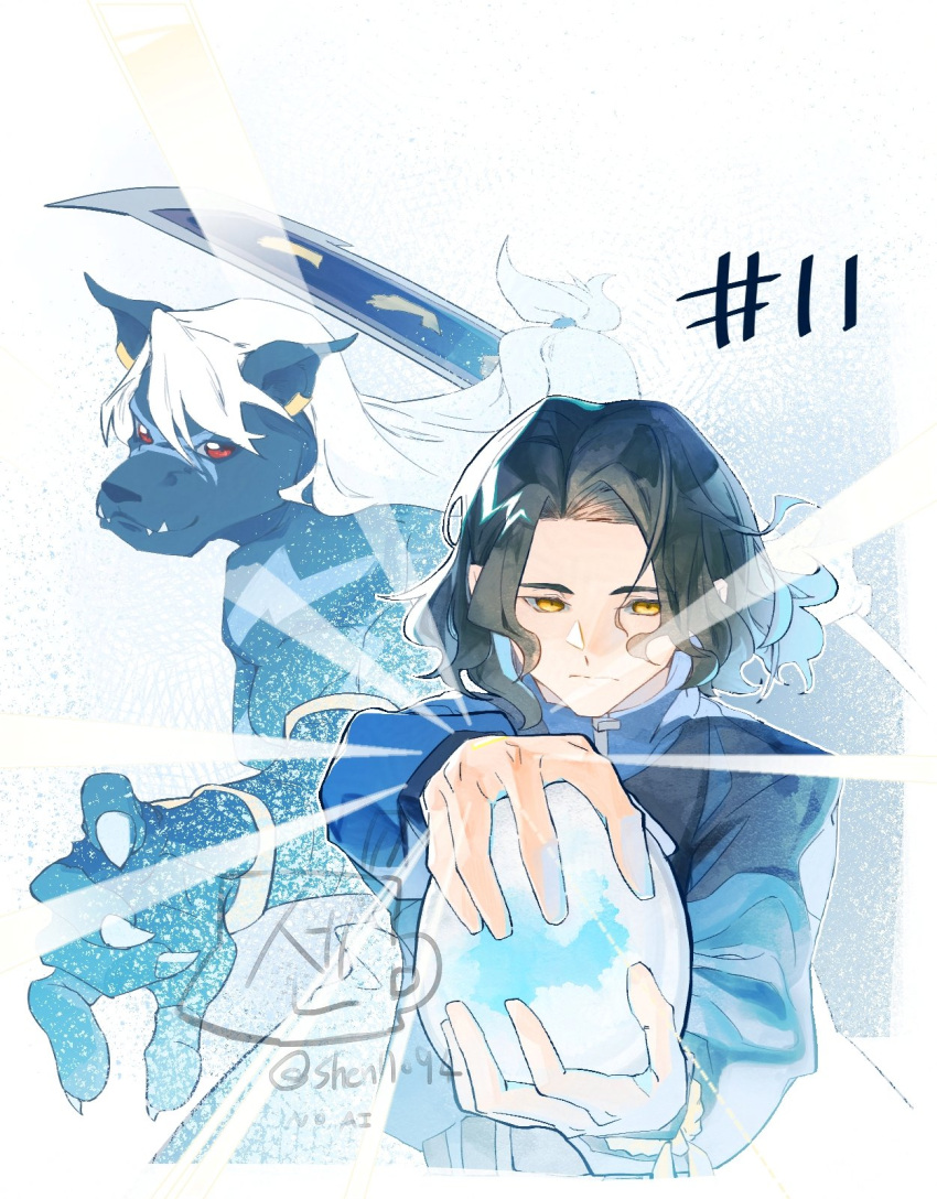 2boys, black_hair, blue_jacket, commentary_request, digimon, digimon_(creature), digimon_beatbreak, episode_number