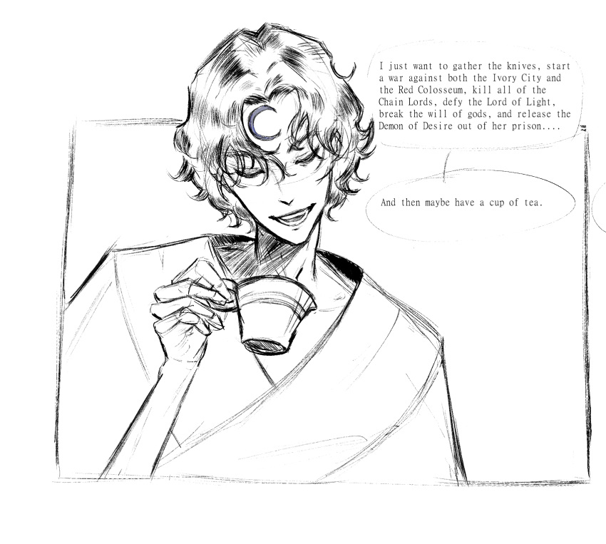 1boy, crescent, cup, ellieaedon, english_text, facial_mark, forehead_mark, greyscale