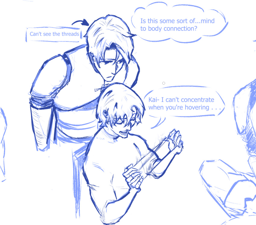 2boys, arrow_(symbol), bags_under_eyes, cropped, ellieaedon, english_text, hands_up, highres