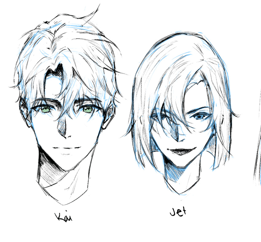 1boy, 1girl, bob_cut, character_name, commentary, crossed_bangs, ellieaedon, english_commentary