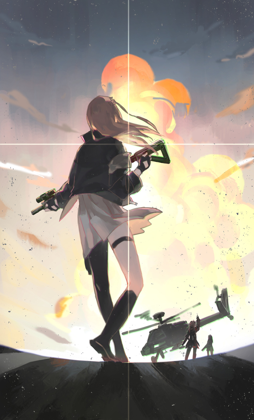 aircraft, anni_de_chengzi_mao, black_shoes, black_socks, character_request, clouds, commentary_request, girls_frontline