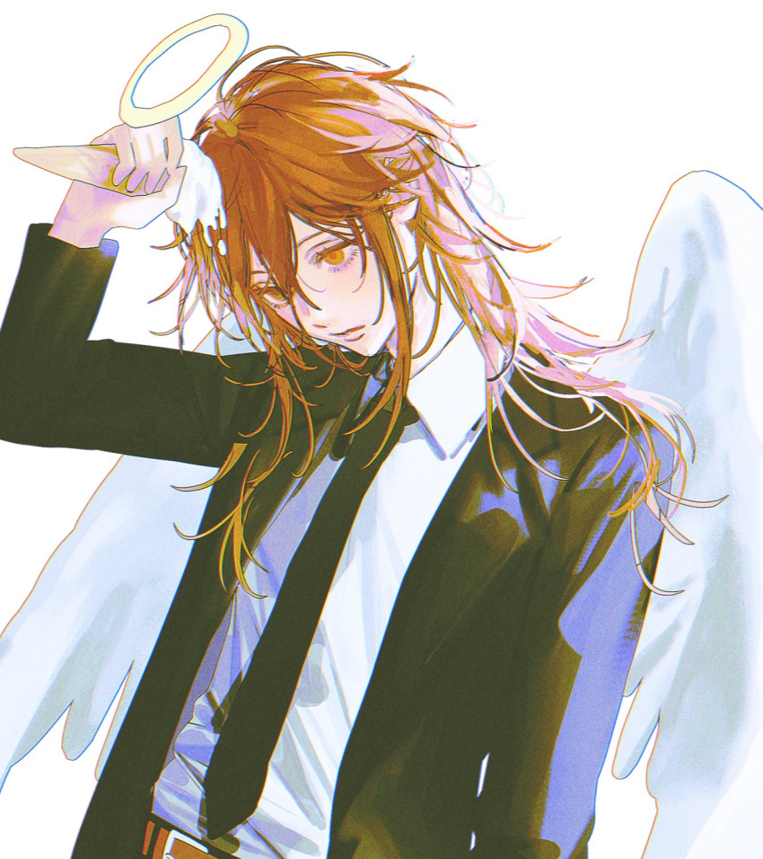 1boy, androgynous, angel, angel_devil_(chainsaw_man), angel_wings, arm_up, belt, black_jacket