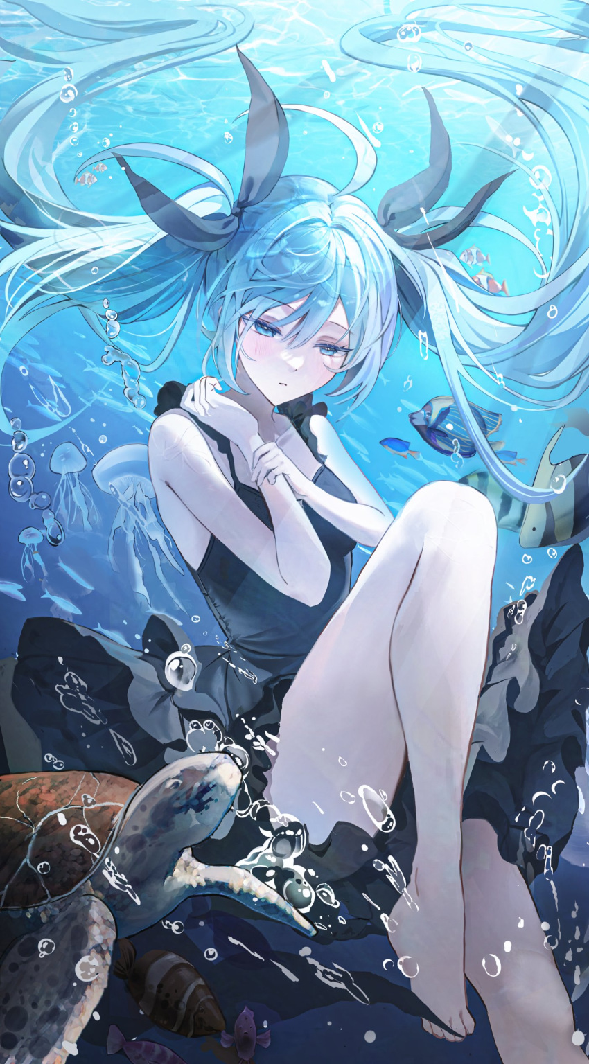 1girl, absurdres, air_bubble, barefoot, black_dress, black_ribbon, blue_eyes, blue_hair