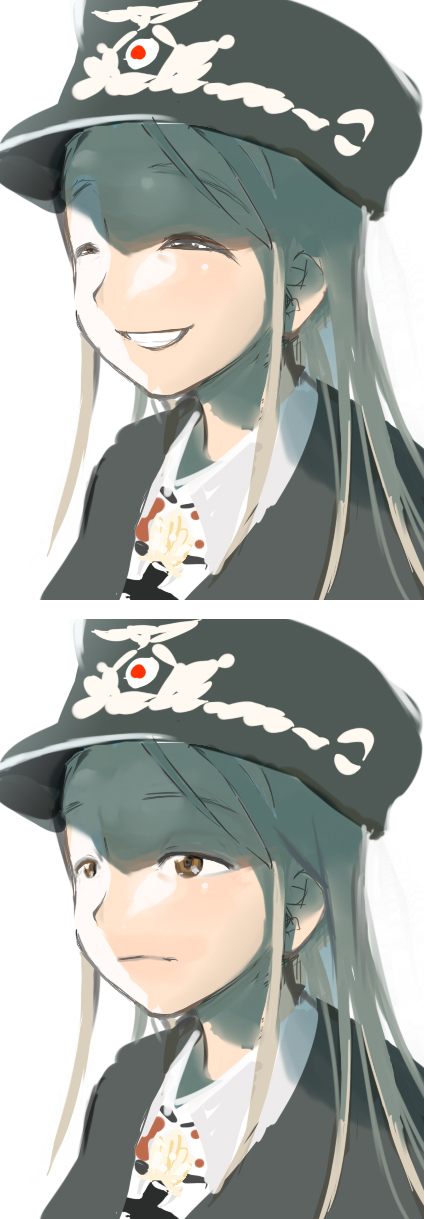 brown_eyes, copyright_request, face, genderswap, grin, hans-ulrich_rudel, hat, highres