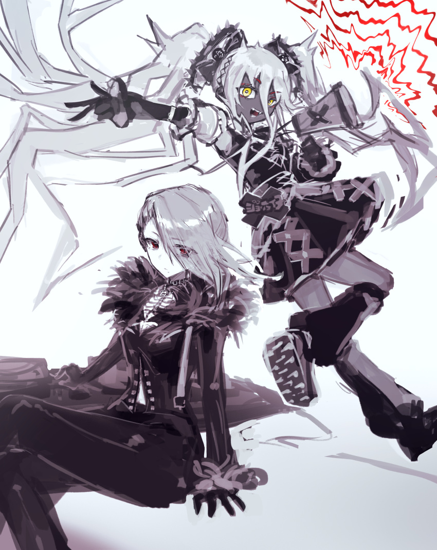 2girls, absurdres, apron, black_skin, character_request, colored_skin, commentary_request, dress