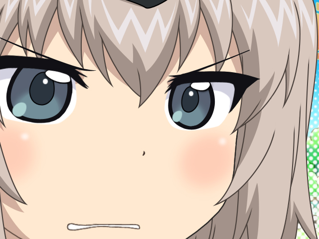1girl, blue_eyes, blush, clenched_teeth, frown, garrison_cap, girls_und_panzer, grey_hair