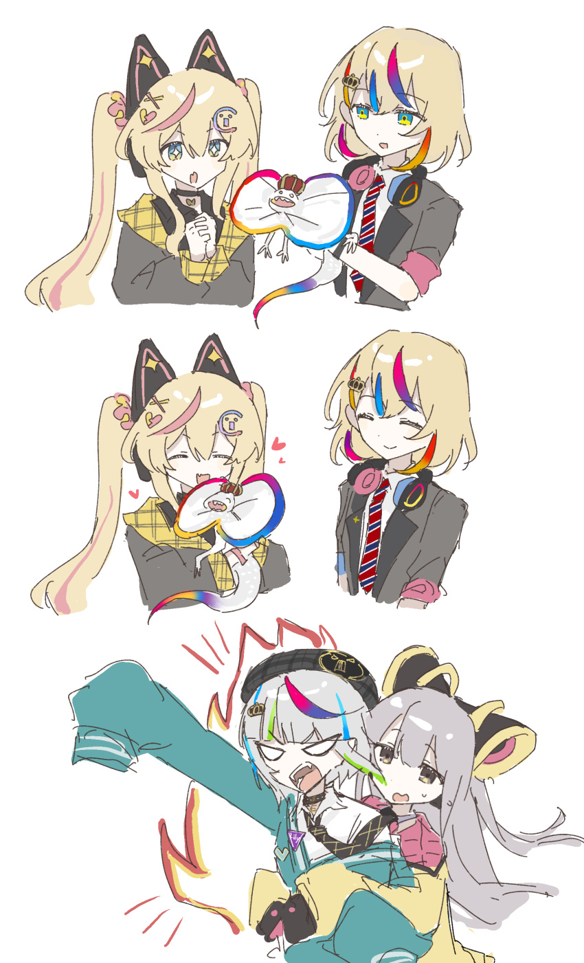 4girls, absurdres, angry, animal, animal_ear_headphones, animal_ears, beanie, blonde_hair