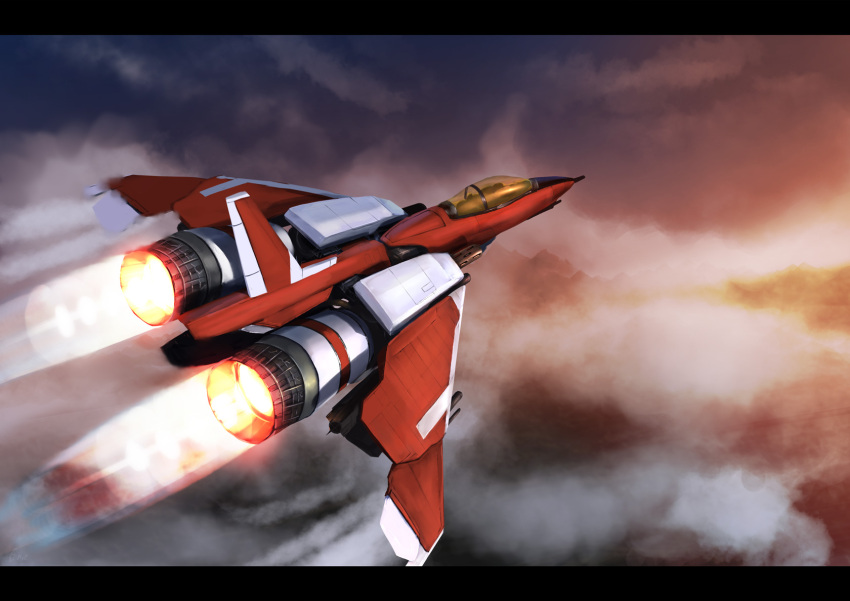 above_clouds, aircraft, airplane, blue_sky, cannon, canopy_(aircraft), clouds, commentary_request, fighter_jet, flying, from_behind, gradient_sky, highres, military_vehicle, oosaki_eru, orange_sky, raiden_(series), raiden_mk-ii, science_fiction, sky, spacecraft, starfighter, sunset, thrusters, vehicle_focus, weapon