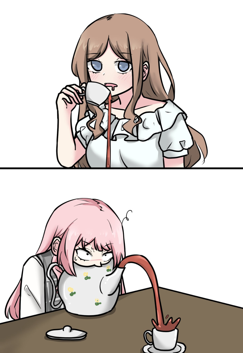 2girls, bang_dream!, bang_dream!_it's_mygo!!!!!, blue_eyes, brown_hair, chihaya_anon, cup, drooling