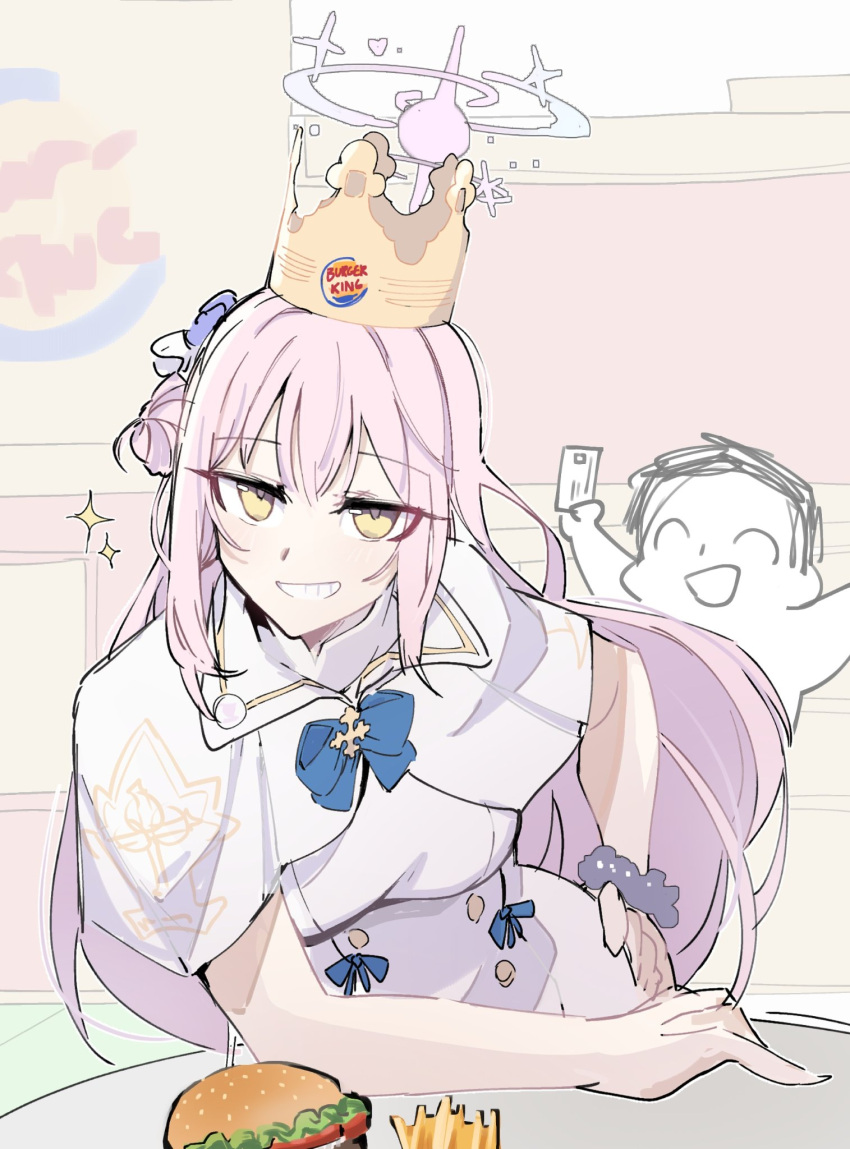1boy, 1girl, artist_request, badge, blue_archive, blue_bow, bow, burger, burger_king, burger_king_crown, button_badge, buttons, capelet, contrapposto, credit_card, doodle_sensei_(blue_archive), double-breasted, dress, food, french_fries, grin, hair_bun, hair_ornament, hair_scrunchie, halo, hand_on_own_hip, highres, leaning_forward, looking_at_viewer, meme, mika_(blue_archive), no_wings, non-web_source, pink_hair, scrunchie, sensei_(blue_archive), single_side_bun, sleeveless, sleeveless_dress, smile, smug, solo_focus, source_request, sparkle, table, white_capelet, white_dress, yellow_eyes