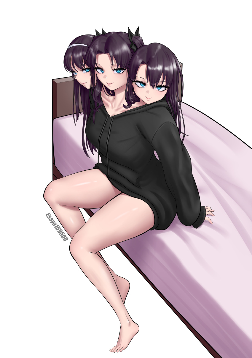 3girls, absurdres, conjoined, esaya159568, harem, highres, hood, hooded_jacket, hoodie, jacket, kokutou_azaka, looking_at_viewer, multiple_girls, multiple_heads, original, simple_background, smile, tohno_akiha, tohsaka_rin