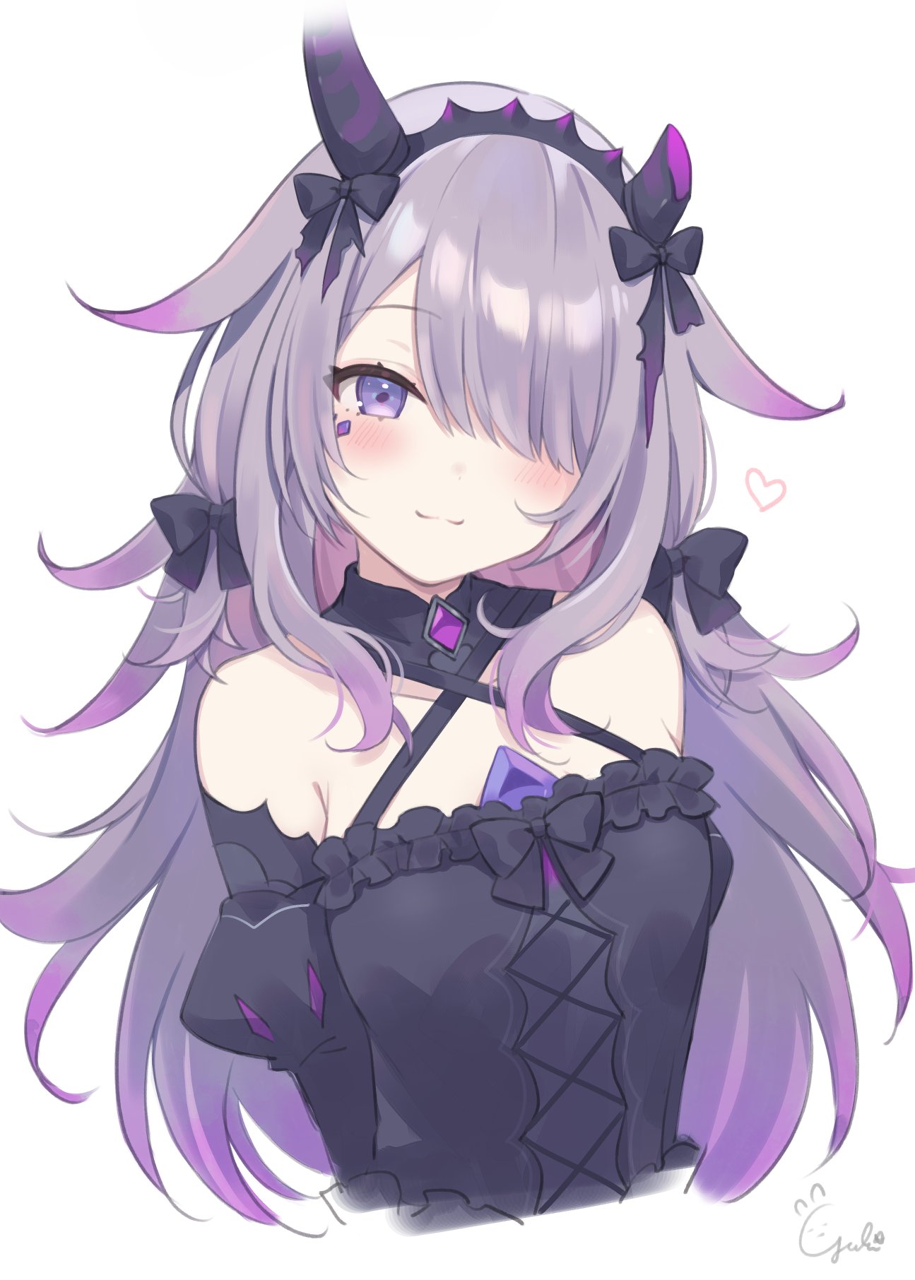 1girl, black_dress, blush, cropped_torso, dress, fake_horns, grey_hair, hair_over_one_eye