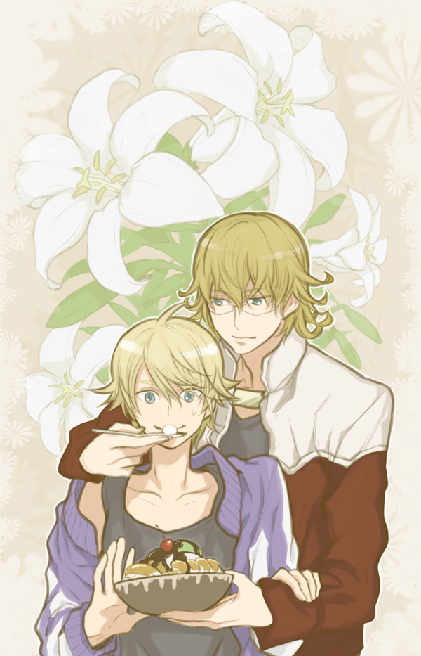 bad_id, barnaby_brooks_jr, blonde_hair, blue_eyes, cherry, flower, food, fruit
