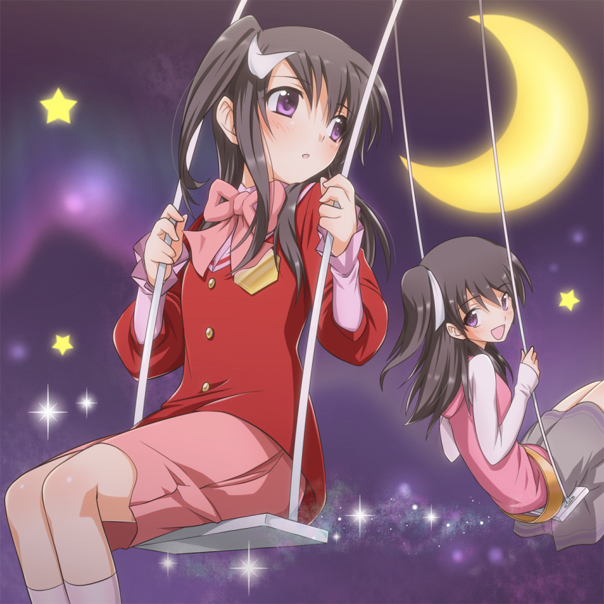 black_hair, blush, casual, character_request, crescent_moon, highres, kami_nomi_zo_shiru_sekai, long_hair