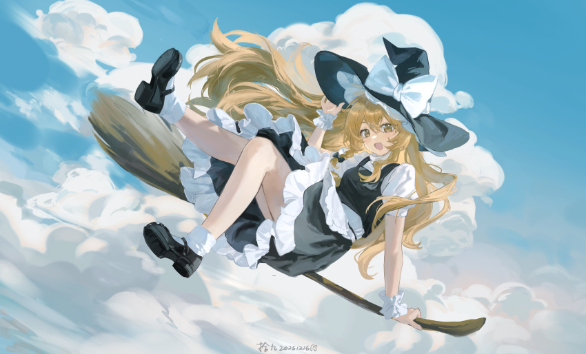 1girl, absurdres, adjusting_clothes, adjusting_headwear, apron, black_bow, black_hat, black_shoes, blonde_hair, bow, braid, broom, broom_riding, brown_eyes, chinese_commentary, clouds, commentary_request, dress, hair_between_eyes, hat, hat_bow, highres, kirisame_marisa, light_blush, long_hair, looking_at_viewer, mary_janes, midair, open_mouth, puffy_short_sleeves, puffy_sleeves, shijiu_(shizuoxing), shoes, short_sleeves, single_braid, sky, socks, solo, touhou, two-tone_dress, very_long_hair, white_apron, white_bow, white_socks, white_wrist_cuffs, witch_hat, wrist_cuffs