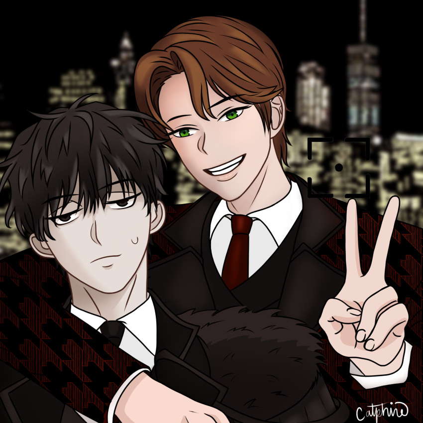 2boys, :d, absurdres, arm_around_neck, black_coat, black_eyes, black_hair, black_necktie