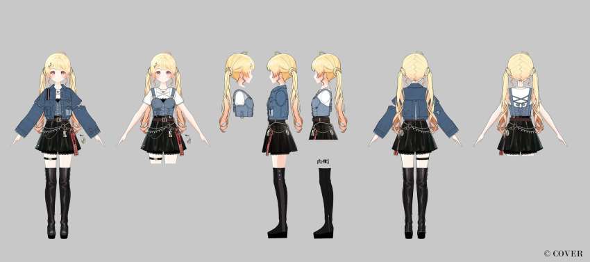 1girl, ahoge, beamed_eighth_notes, belt, black_boots, black_dress, black_skirt, blonde_hair, blue_jacket, boots, brown_belt, brown_eyes, commentary_request, copyright_name, denim, denim_jacket, dress, eighth_note, full_body, grey_background, hair_ornament, hairclip, highres, hitomyan, hololive, hololive_dev_is, jacket, lace-trimmed_shorts, lace_trim, long_hair, miniskirt, multiple_views, musical_note, musical_note_hair_ornament, official_alternate_costume, official_alternate_hairstyle, official_art, otonose_kanade, otonose_kanade_(flashpoint), reference_sheet, shirt, short_dress, short_sleeves, shorts, shorts_under_skirt, simple_background, skirt, smile, t-shirt, teeth, thigh_boots, thigh_bow, turnaround, twintails, upper_teeth_only, virtual_youtuber, white_shirt
