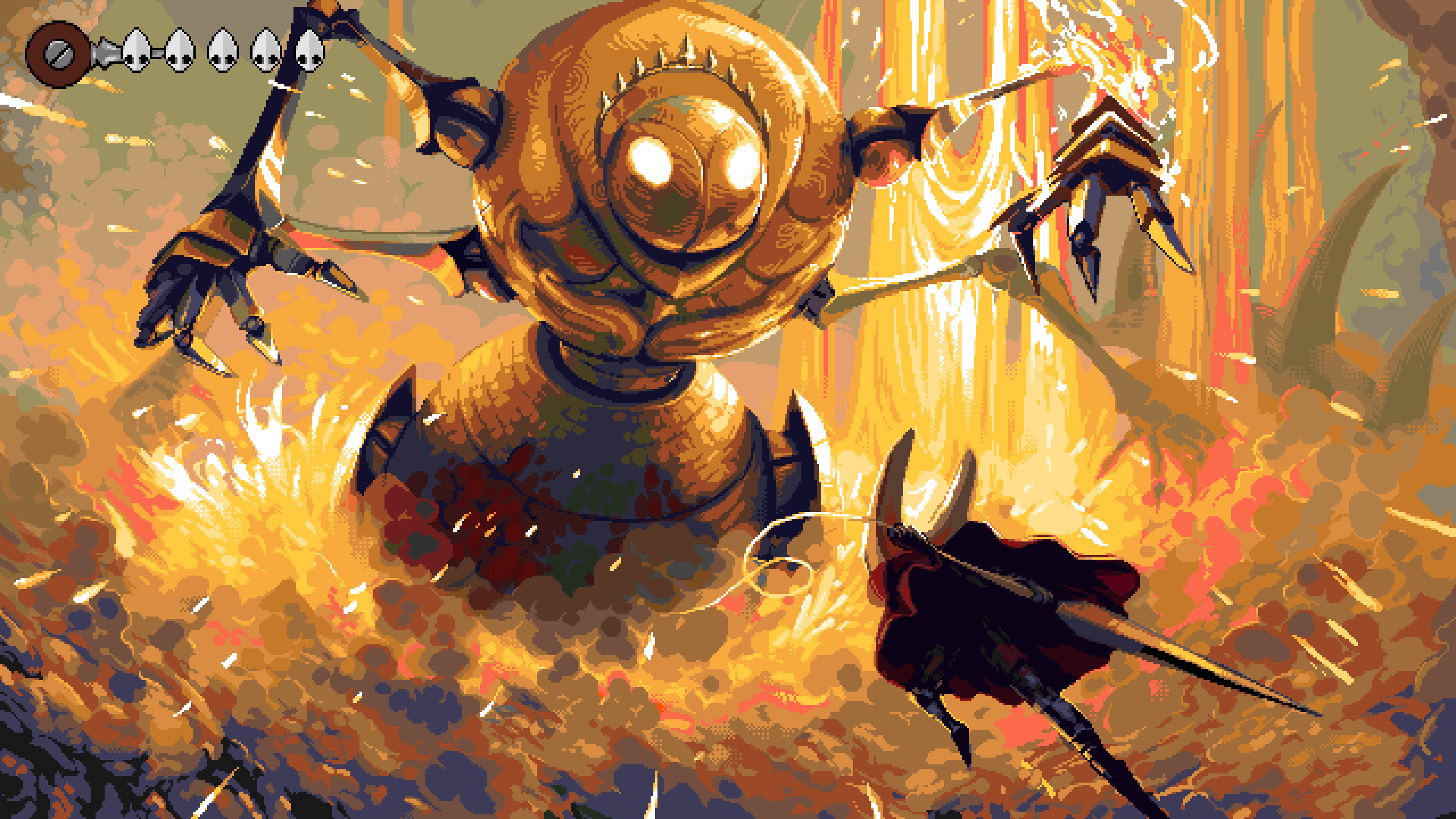 1girl, absurdres, arthropod_girl, black_skin, boss_fight, cloak, colored_skin, empty_eyes