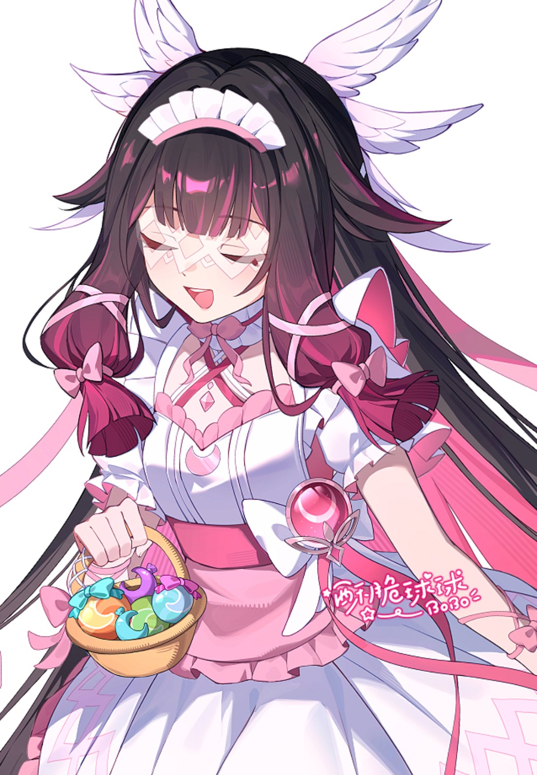 1girl, alternate_costume, artist_name, basket, black_hair, blunt_bangs, bow, colored_inner_hair