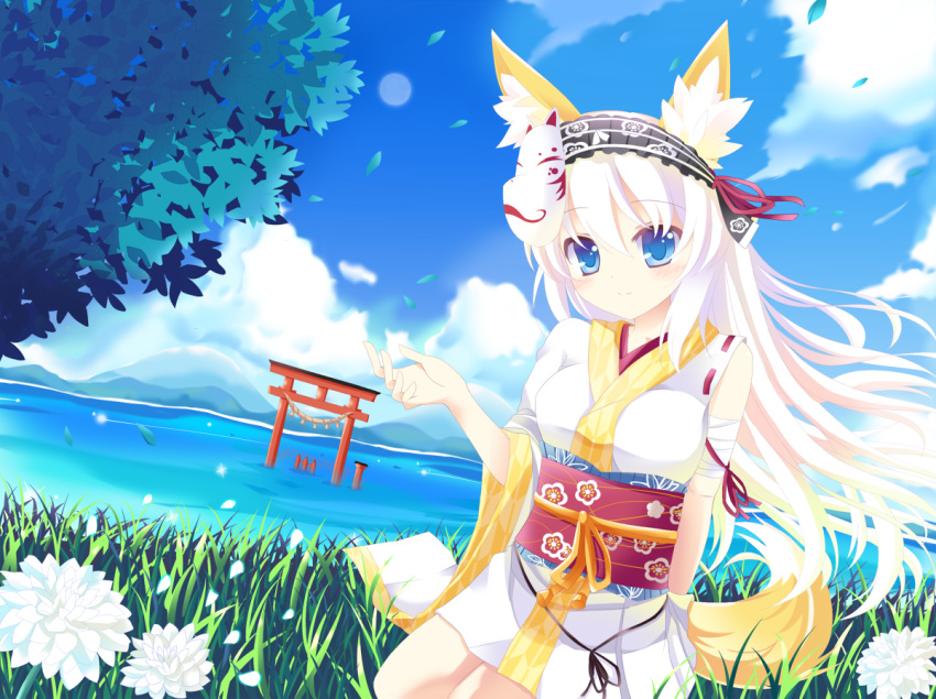 animal_ears, asymmetrical_clothes, asymmetrical_clothing, bandage, bandages, bare_shoulders, blue_eyes, blush, flower, grass, japanese_clothes, kimono, leaf, long_hair, nabiiro, nibiiro_shizuka, off_shoulder, original, petals, seiza, short_kimono, silver_hair, sitting, sky, smile, solo, tail, torii, tree