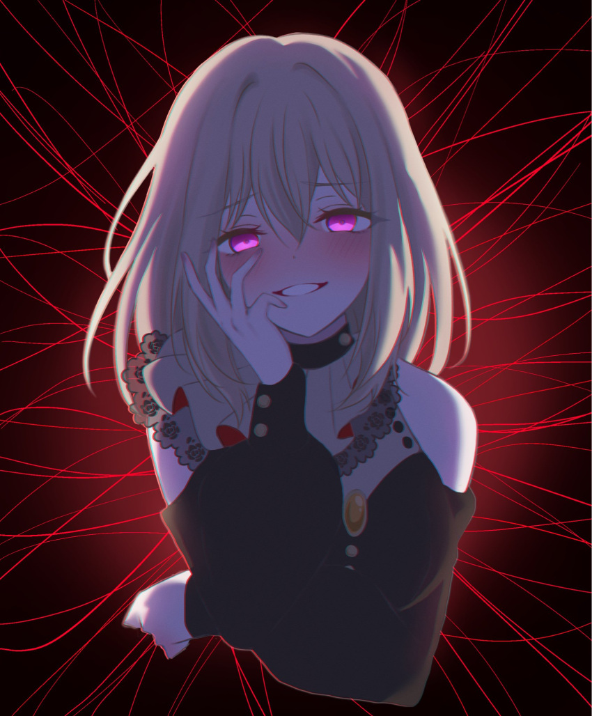 1girl, bang_dream!, bang_dream!_it's_mygo!!!!!, blonde_hair, blush, clothing_cutout, commentary, doloris_(bang_dream!), english_commentary, hair_between_eyes, hand_on_own_face, highres, long_sleeves, looking_at_viewer, misumi_uika, open_mouth, ppora, shoulder_cutout, solo, sophie_(bang_dream!), string, string_of_fate, upper_body, violet_eyes, yandere