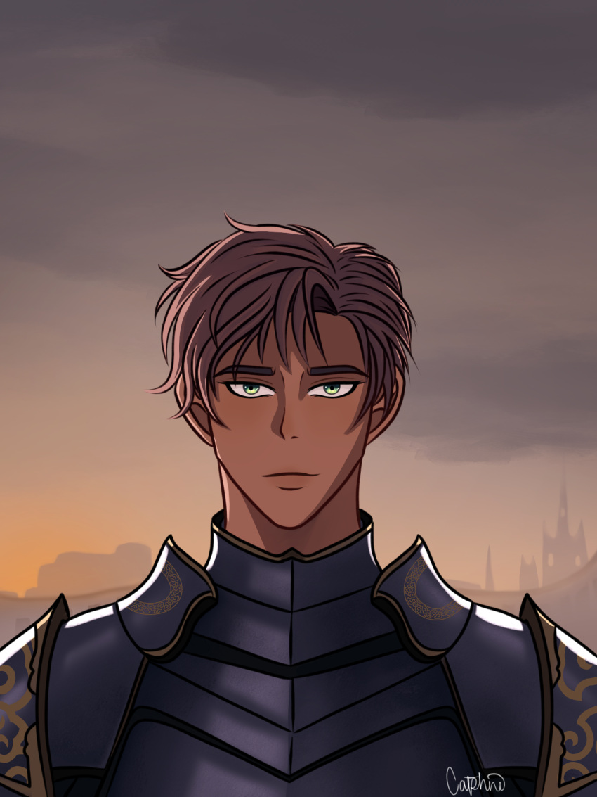 1boy, armor, brown_hair, caster_(shadow_slave), castle, catphine, commentary, dark-skinned_male
