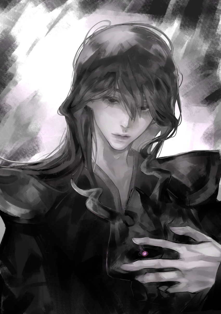 1boy, absurdres, aegyo_sal, black_eyes, black_hair, black_robe, black_tunic, hair_between_eyes, hand_on_own_chest, highres, light_smile, long_hair, looking_down, male_focus, mikejkl, partially_colored, partially_shaded_face, robe, shadow_slave, shoulder_pads, solo, sunny_(shadow_slave), tunic