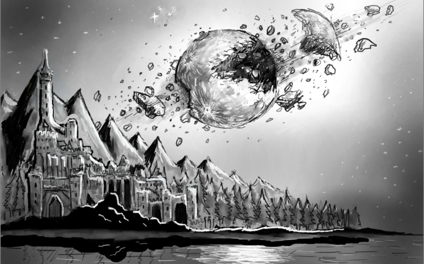 broken_moon, castle, explosion, greyscale, in-universe_location, monochrome, moon, mountainous_horizon, no_humans, scenery, shadow_slave, shards, shore, whitebeard5793