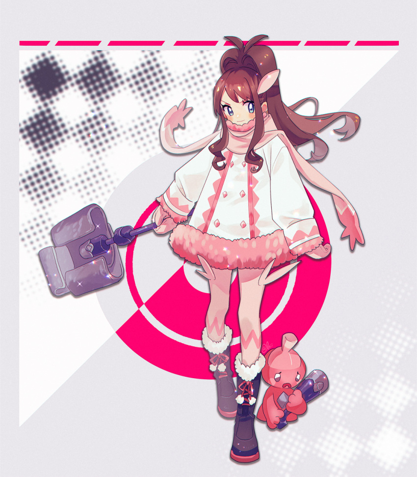 1girl, alternate_costume, black_boots, blue_eyes, blush, boots, brown_hair, closed_mouth