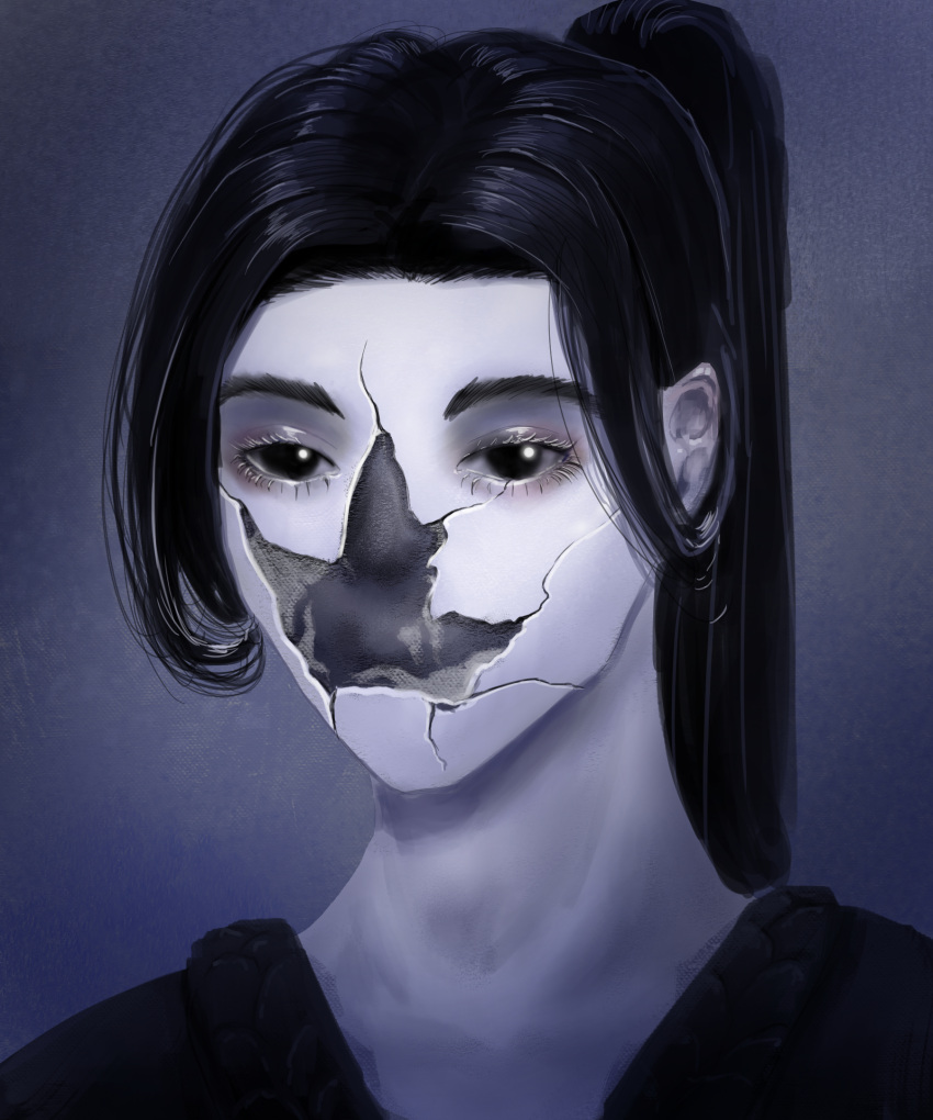 1boy, aegyo_sal, beanszzz, black_eyes, black_hair, commentary, cracked_skin, curtained_hair, english_commentary, facing_viewer, high_ponytail, highres, long_hair, madra_(album), male_focus, ponytail, porcelain, portrait, shadow_slave, sidelocks, solo, sunny_(shadow_slave)