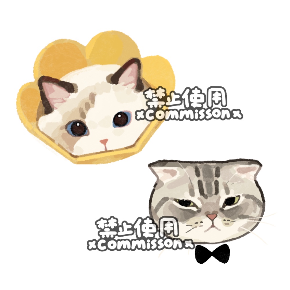 animal, animal_focus, black_bow, black_bowtie, blue_eyes, bow, bowtie, cat, commission, cropped_head, green_eyes, grey_cat, looking_at_viewer, no_humans, original, simple_background, snowshoe_cat, tabby_cat, watermark, white_background, xiao_bo_kuai_kuai