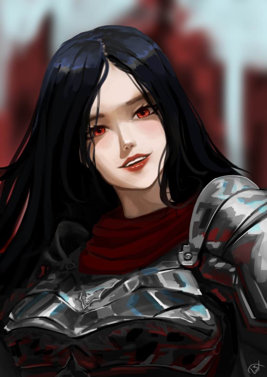1girl, armor, black_hair, blurry, blurry_background, cape, commentary, english_commentary