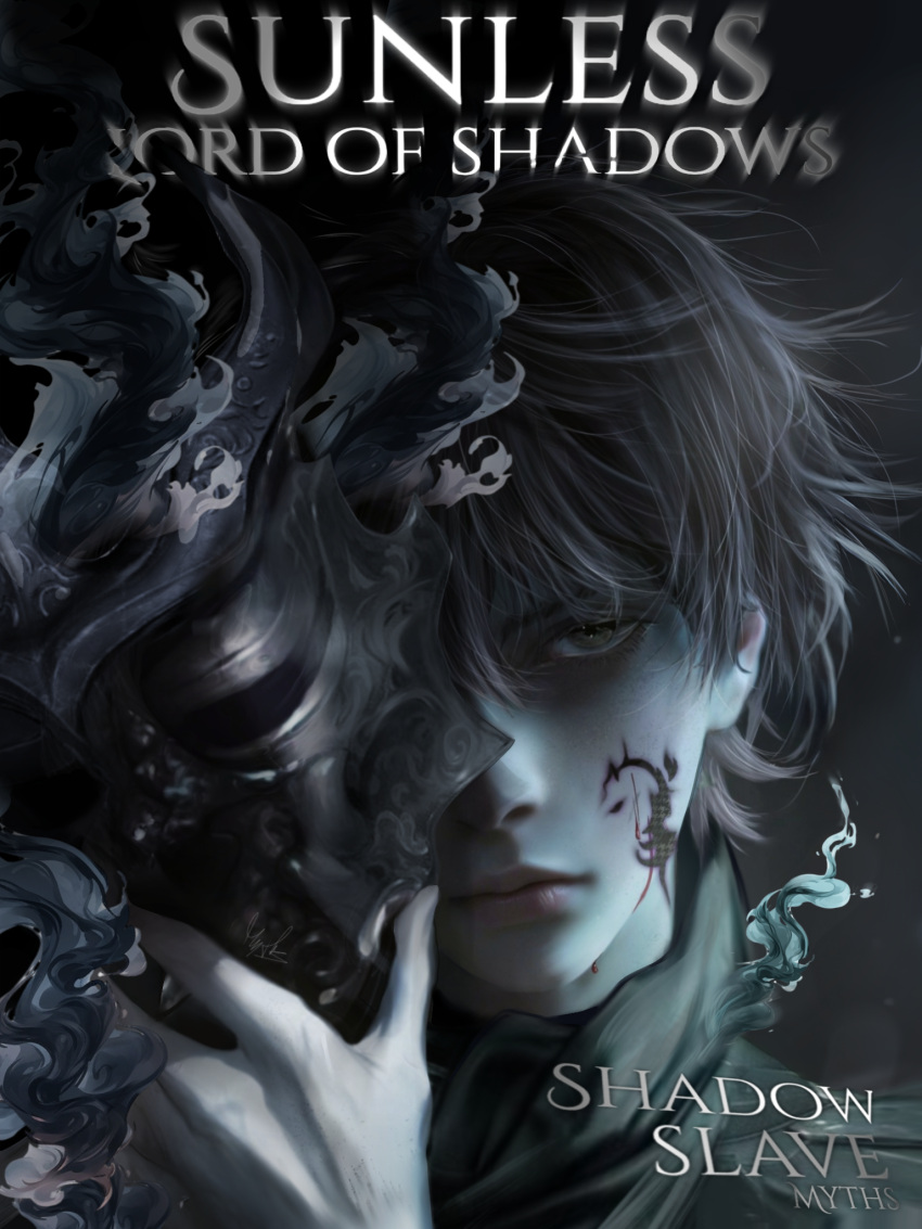 1boy, bad_link, bags_under_eyes, black_eyes, black_hair, character_name, copyright_name, english_text, expressionless, facial_mark, hand_up, highres, holding, holding_mask, looking_at_viewer, male_focus, mask, myths_author, partially_shaded_face, portrait, shadow_slave, short_hair, solo, sunny_(shadow_slave)
