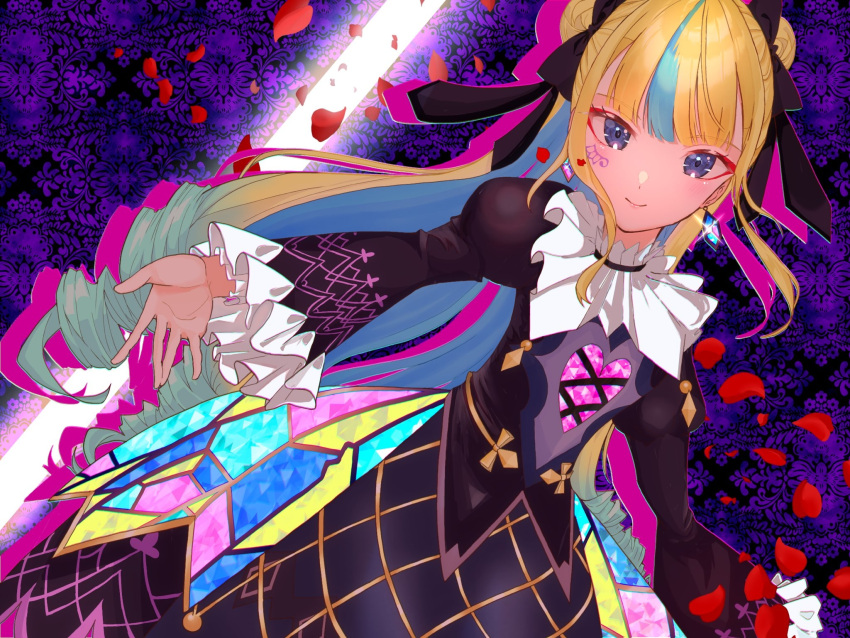 1girl, black_dress, black_ribbon, blonde_hair, blue_eyes, blue_hair, blunt_bangs, closed_mouth
