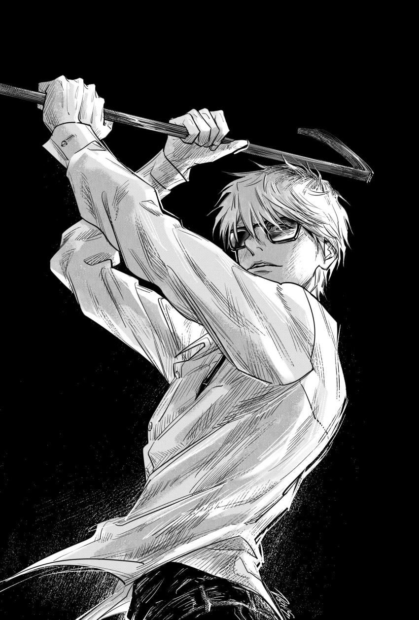 1boy, black_background, commentary_request, crowbar, greyscale, highres, hikaru_ga_shinda_natsu, holding