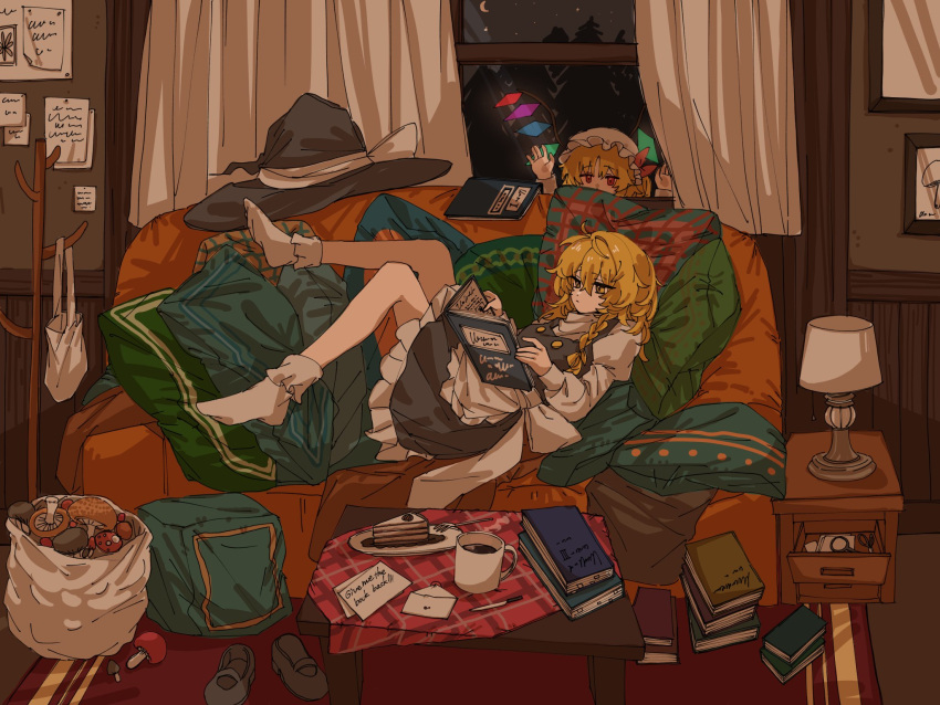 2girls, apron, black_skirt, black_vest, blonde_hair, book, braid, cake
