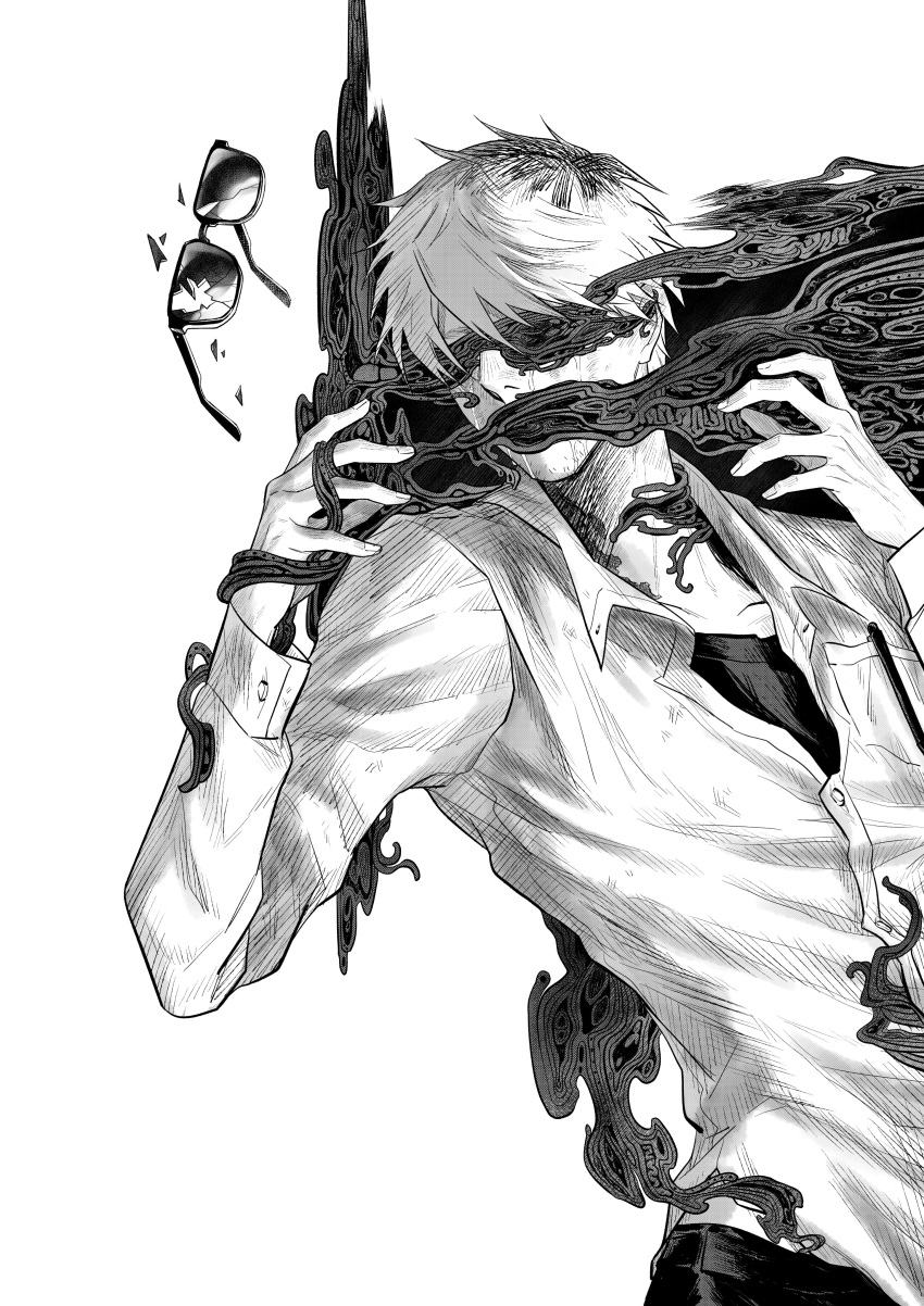 1boy, absurdres, asphyxiation, broken_eyewear, buttons, collared_shirt, commentary, covered_eyes